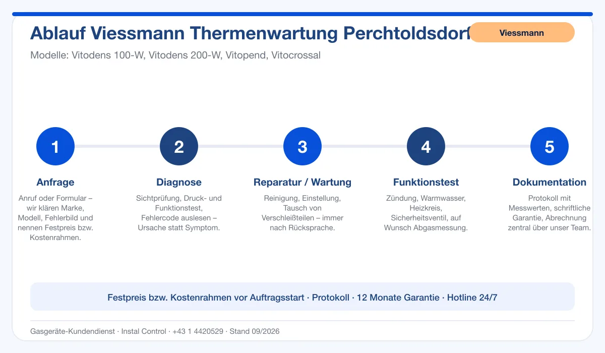 Infografik Ablauf Viessmann Thermenwartung Perchtoldsdorf: Anfrage, Diagnose, Service, Funktionstest, Protokoll