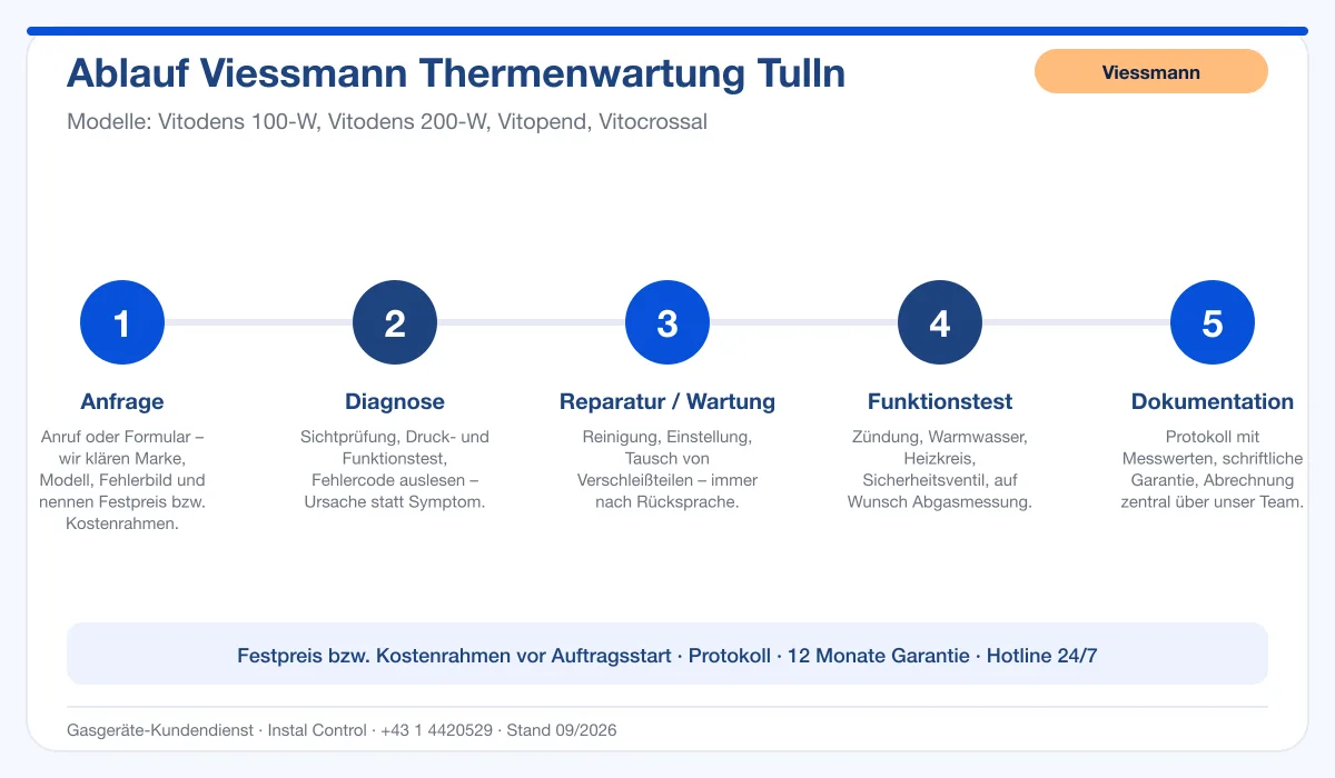 Infografik Ablauf Viessmann Thermenwartung Tulln: Anfrage, Diagnose, Service, Funktionstest, Protokoll