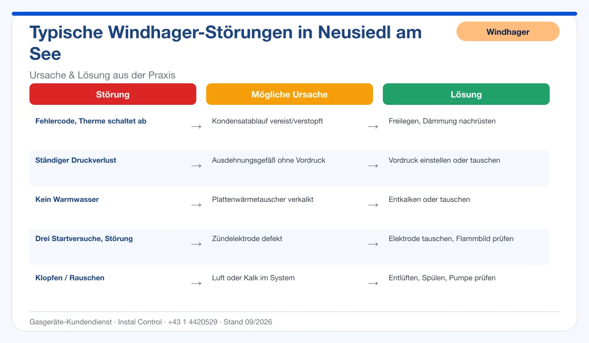Infografik Windhager Thermenreparatur Neusiedl am See: typische Störungen, Ursachen und Lösungen