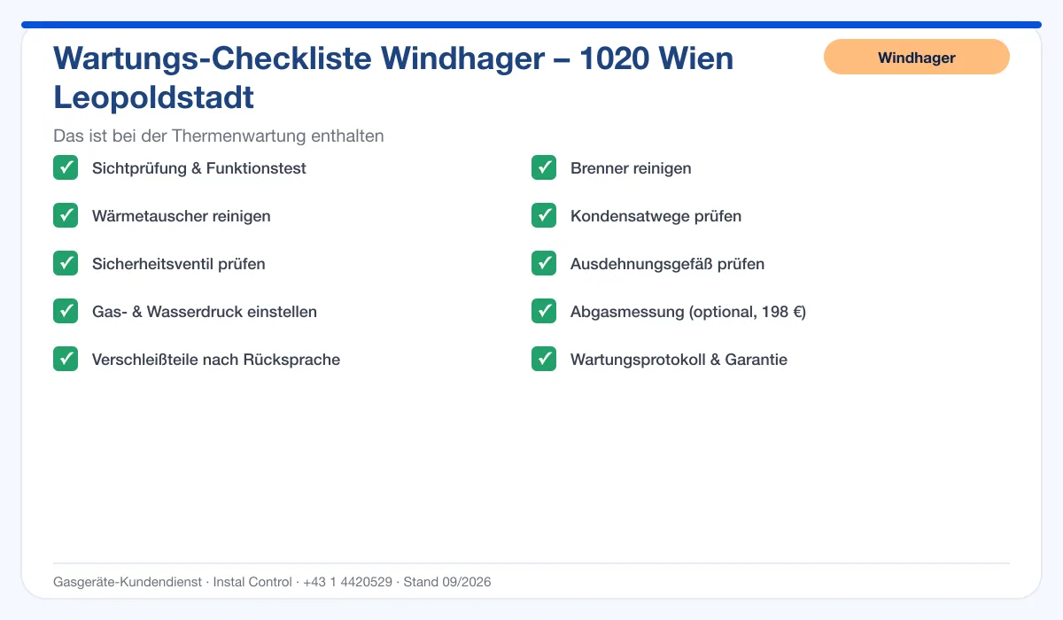 Infografik Windhager Thermenwartung 1020 Wien Leopoldstadt: Wartungs-Checkliste mit 10 enthaltenen Leistungen