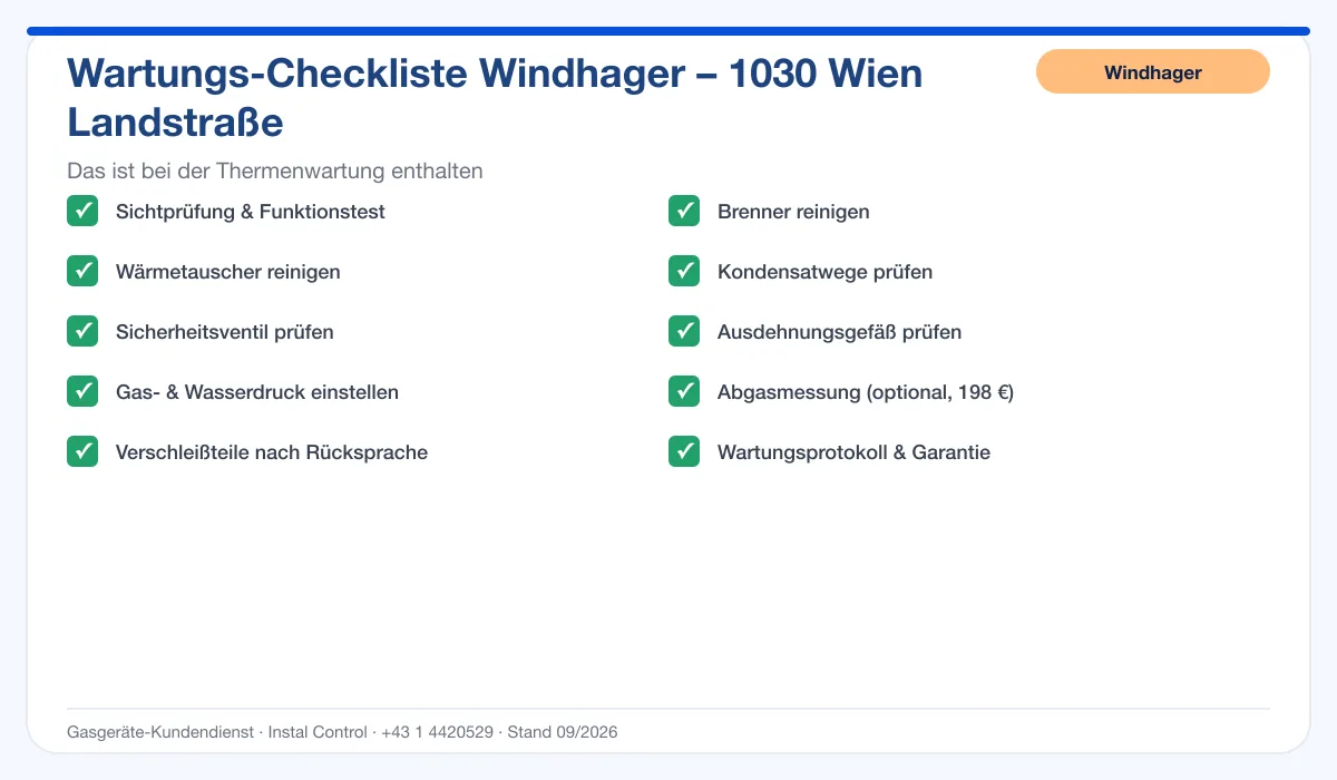Infografik Windhager Thermenwartung 1030 Wien Landstraße: Wartungs-Checkliste mit 10 enthaltenen Leistungen