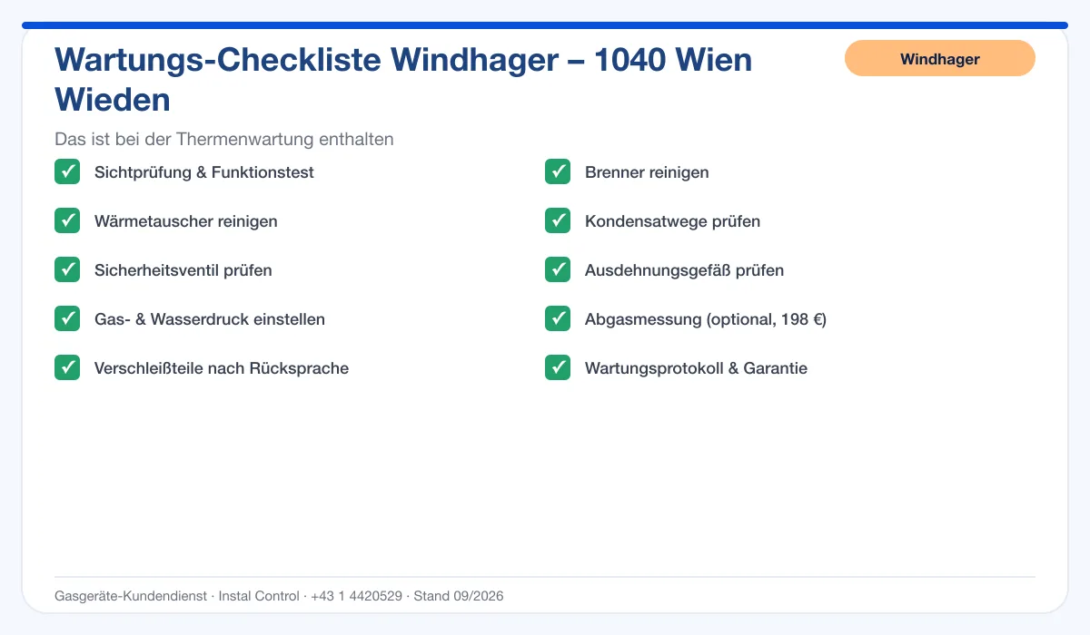 Infografik Windhager Thermenwartung 1040 Wien Wieden: Wartungs-Checkliste mit 10 enthaltenen Leistungen