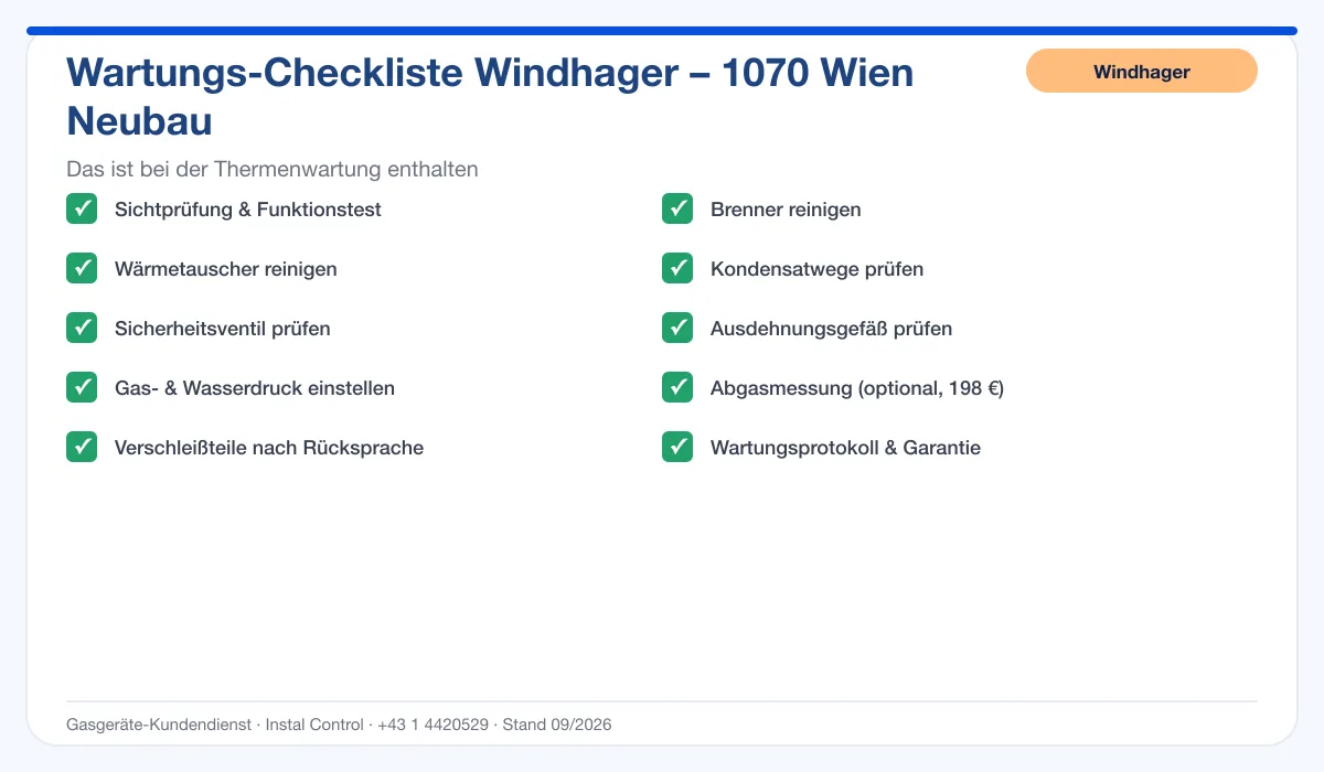 Infografik Windhager Thermenwartung 1070 Wien Neubau: Wartungs-Checkliste mit 10 enthaltenen Leistungen