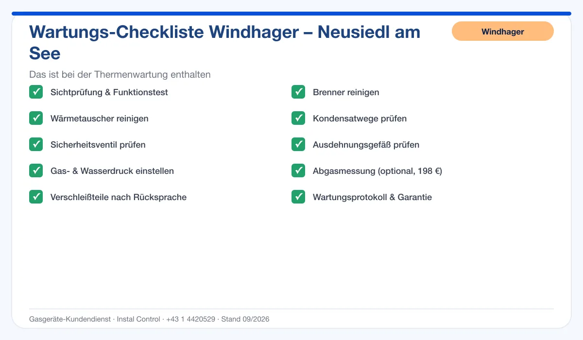 Infografik Windhager Thermenwartung Neusiedl am See: Wartungs-Checkliste mit 10 enthaltenen Leistungen