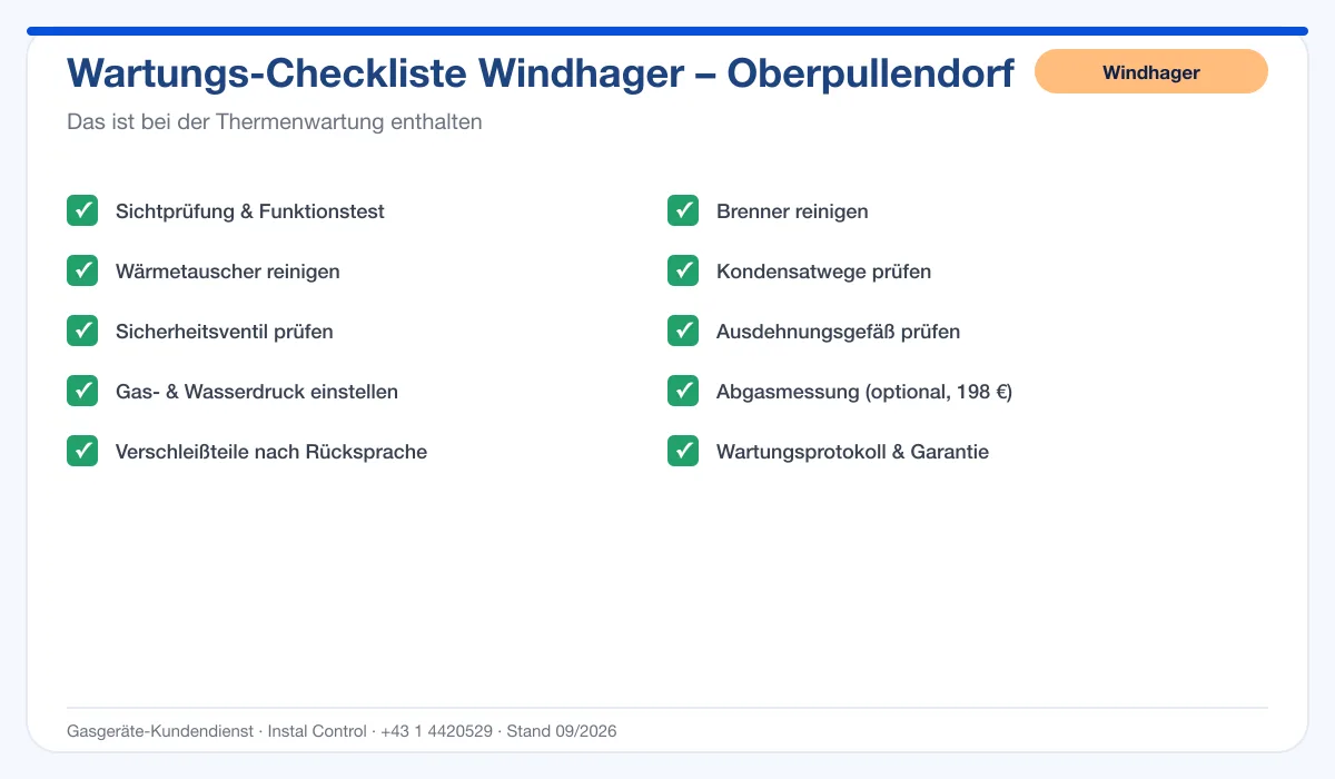 Infografik Windhager Thermenwartung Oberpullendorf: Wartungs-Checkliste mit 10 enthaltenen Leistungen