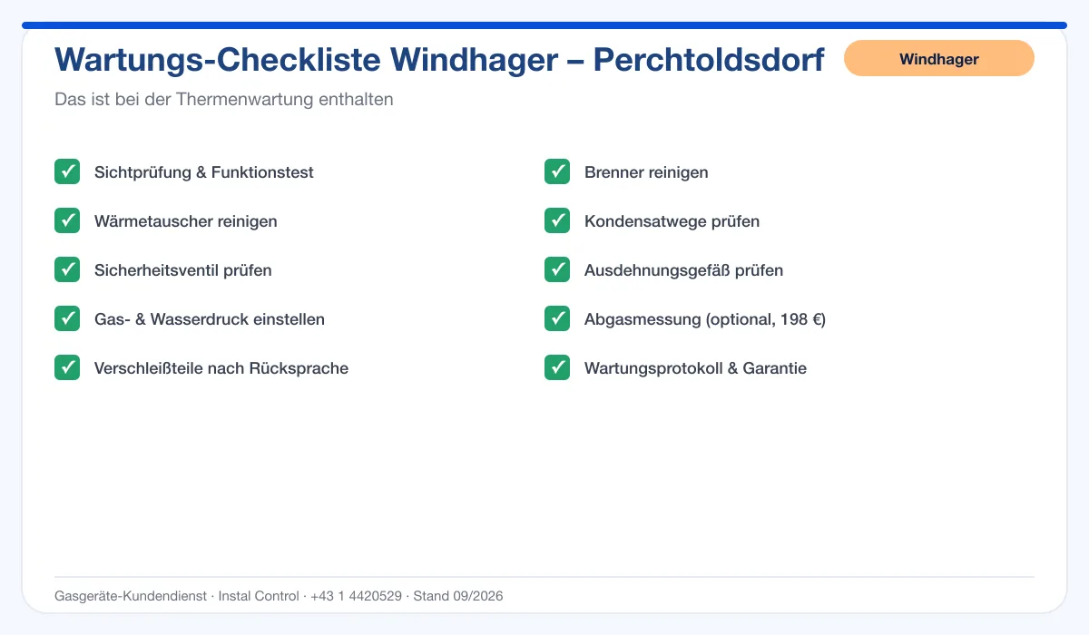 Infografik Windhager Thermenwartung Perchtoldsdorf: Wartungs-Checkliste mit 10 enthaltenen Leistungen