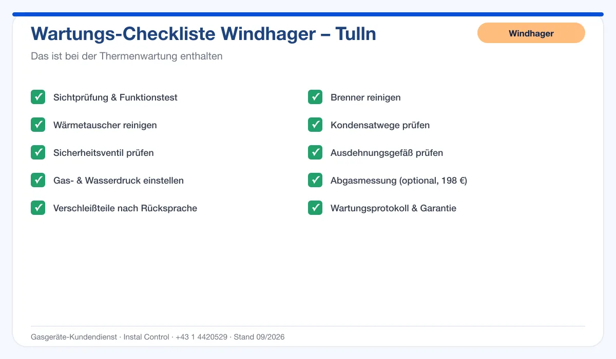 Infografik Windhager Thermenwartung Tulln: Wartungs-Checkliste mit 10 enthaltenen Leistungen