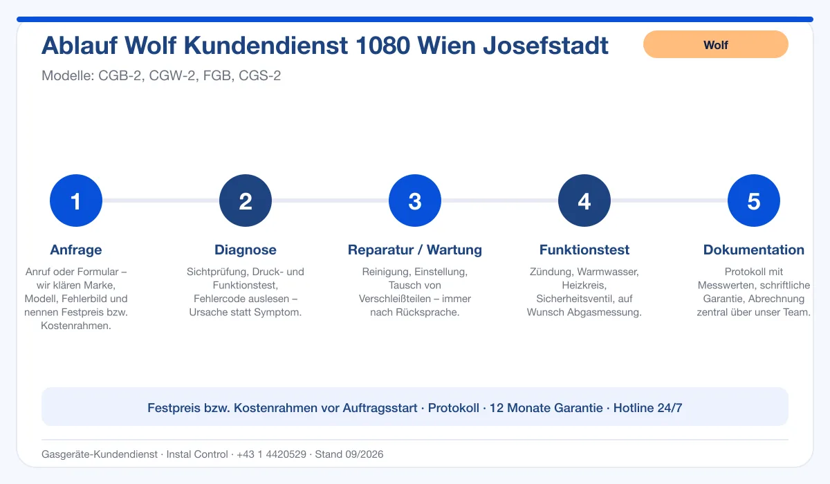 Infografik Ablauf Wolf Kundendienst 1080 Wien Josefstadt: Anfrage, Diagnose, Service, Funktionstest, Protokoll