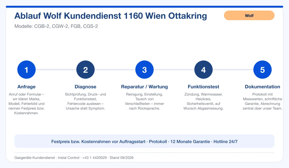 Infografik Ablauf Wolf Kundendienst 1160 Wien Ottakring: Anfrage, Diagnose, Service, Funktionstest, Protokoll