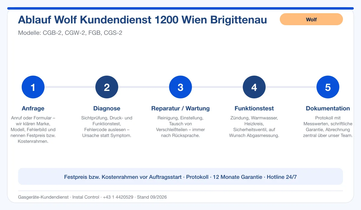 Infografik Ablauf Wolf Kundendienst 1200 Wien Brigittenau: Anfrage, Diagnose, Service, Funktionstest, Protokoll