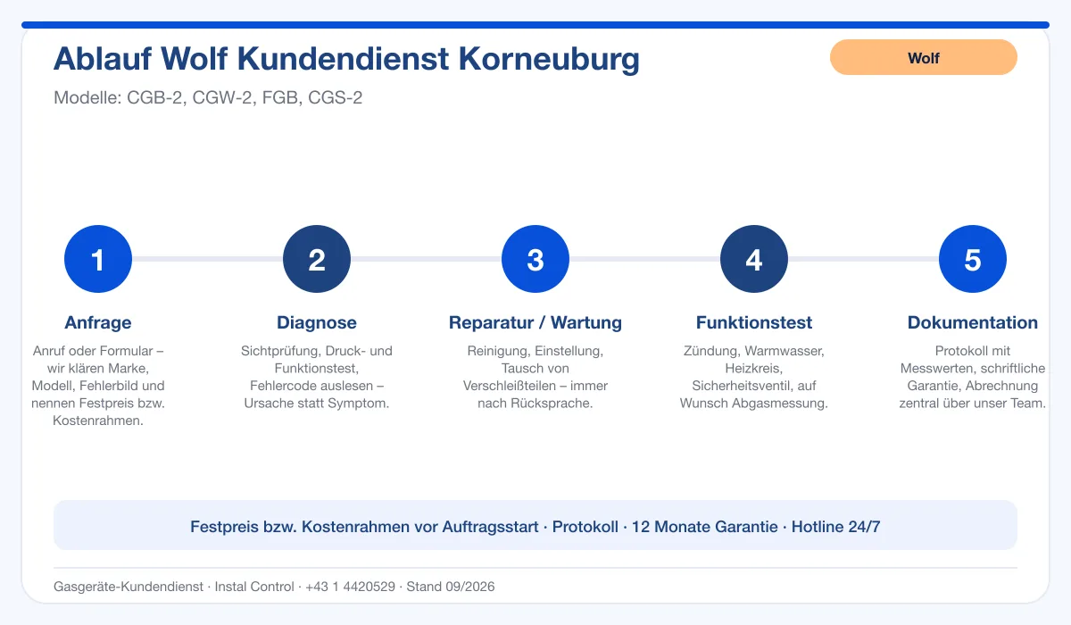 Infografik Ablauf Wolf Kundendienst Korneuburg: Anfrage, Diagnose, Service, Funktionstest, Protokoll