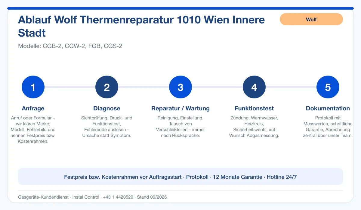 Infografik Ablauf Wolf Thermenreparatur 1010 Wien Innere Stadt: Anfrage, Diagnose, Service, Funktionstest, Protokoll