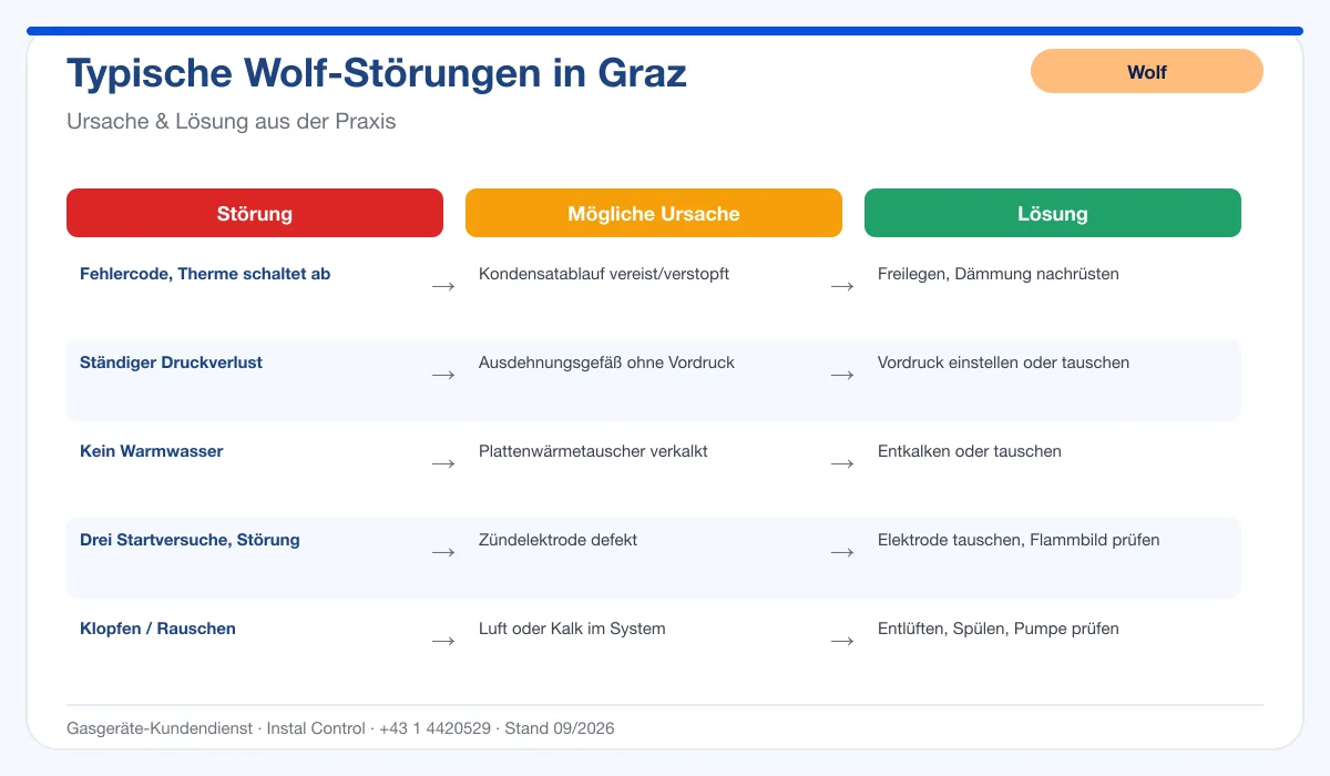 Infografik Wolf Thermenreparatur Graz: typische Störungen, Ursachen und Lösungen