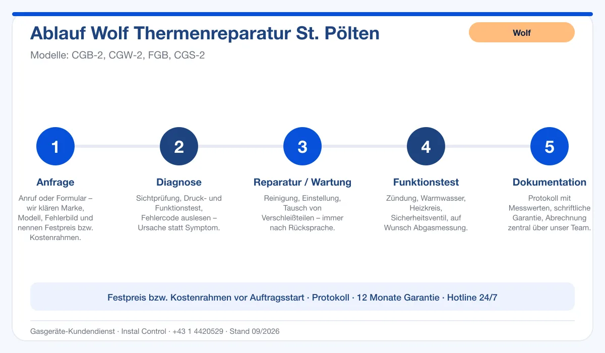 Infografik Ablauf Wolf Thermenreparatur St. Pölten: Anfrage, Diagnose, Service, Funktionstest, Protokoll
