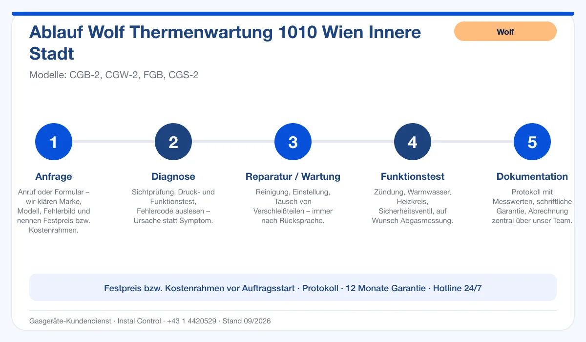 Infografik Ablauf Wolf Thermenwartung 1010 Wien Innere Stadt: Anfrage, Diagnose, Service, Funktionstest, Protokoll