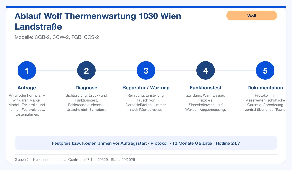 Infografik Ablauf Wolf Thermenwartung 1030 Wien Landstraße: Anfrage, Diagnose, Service, Funktionstest, Protokoll
