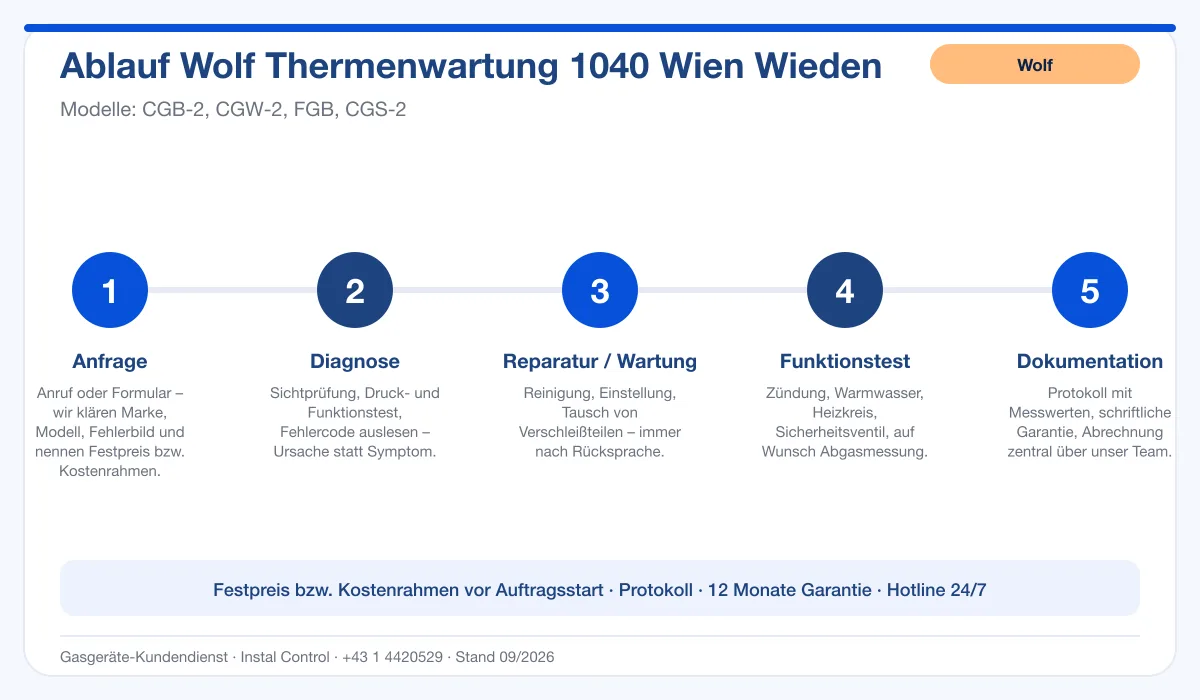 Infografik Ablauf Wolf Thermenwartung 1040 Wien Wieden: Anfrage, Diagnose, Service, Funktionstest, Protokoll