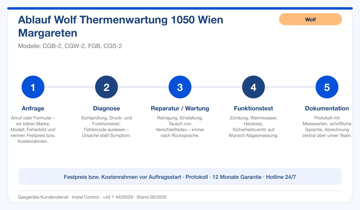 Infografik Ablauf Wolf Thermenwartung 1050 Wien Margareten: Anfrage, Diagnose, Service, Funktionstest, Protokoll