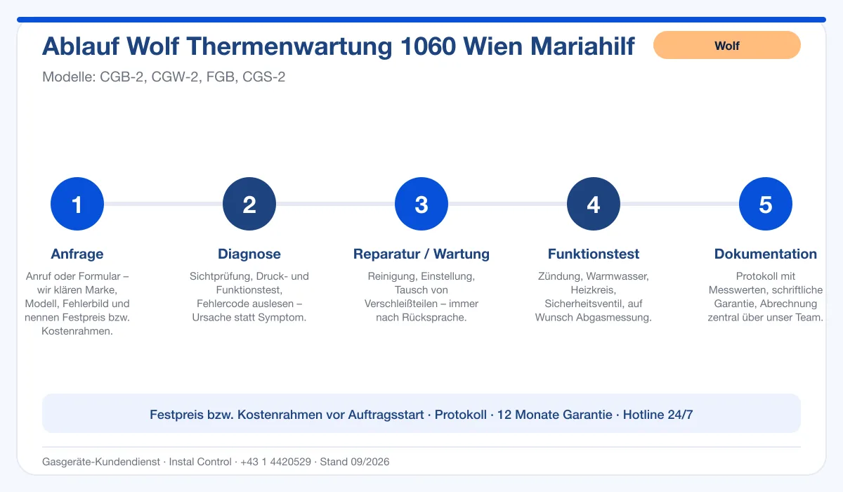 Infografik Ablauf Wolf Thermenwartung 1060 Wien Mariahilf: Anfrage, Diagnose, Service, Funktionstest, Protokoll