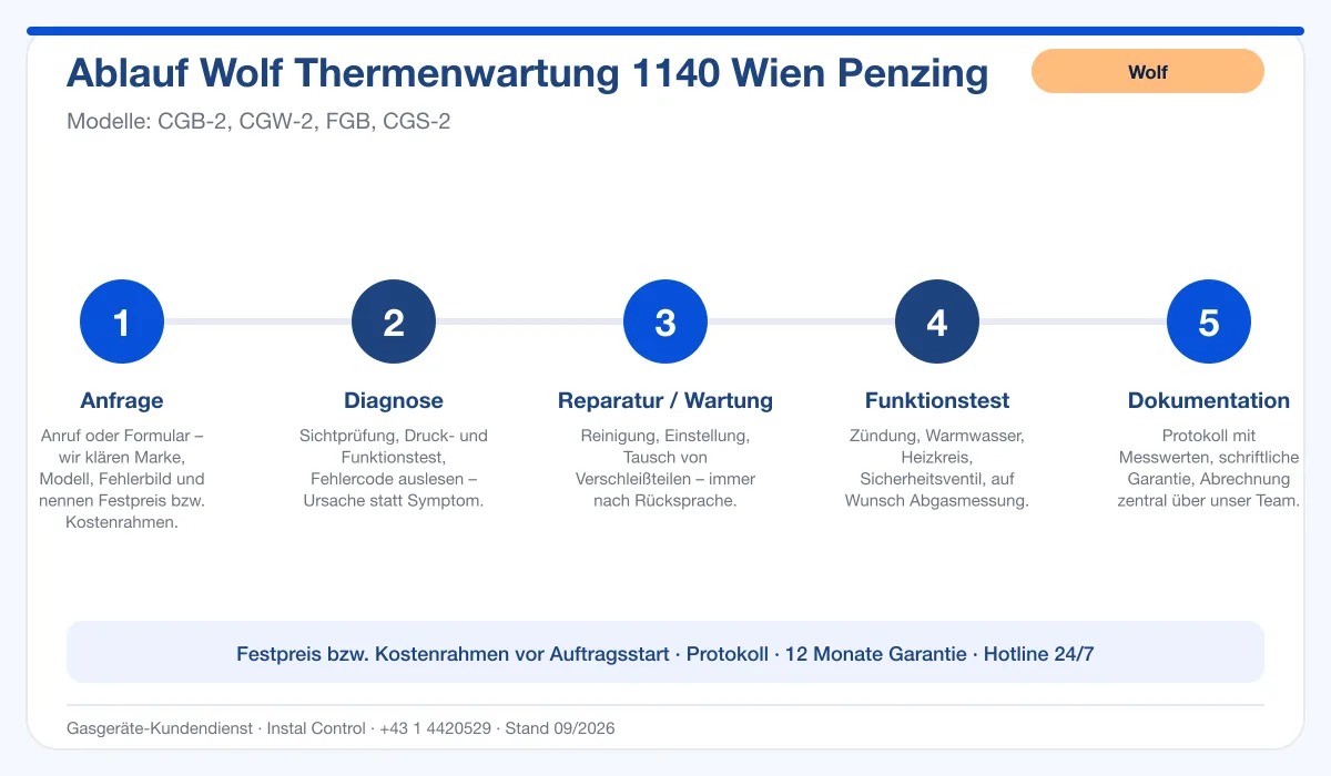 Infografik Ablauf Wolf Thermenwartung 1140 Wien Penzing: Anfrage, Diagnose, Service, Funktionstest, Protokoll