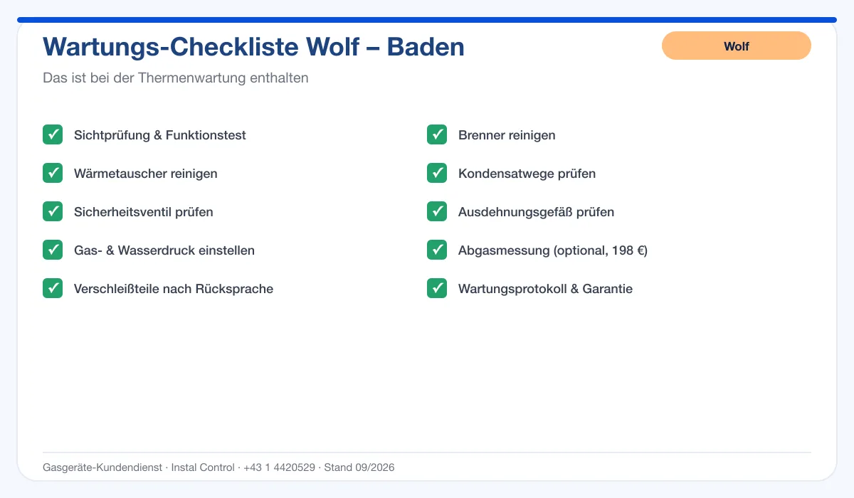 Infografik Wolf Thermenwartung Baden: Wartungs-Checkliste mit 10 enthaltenen Leistungen
