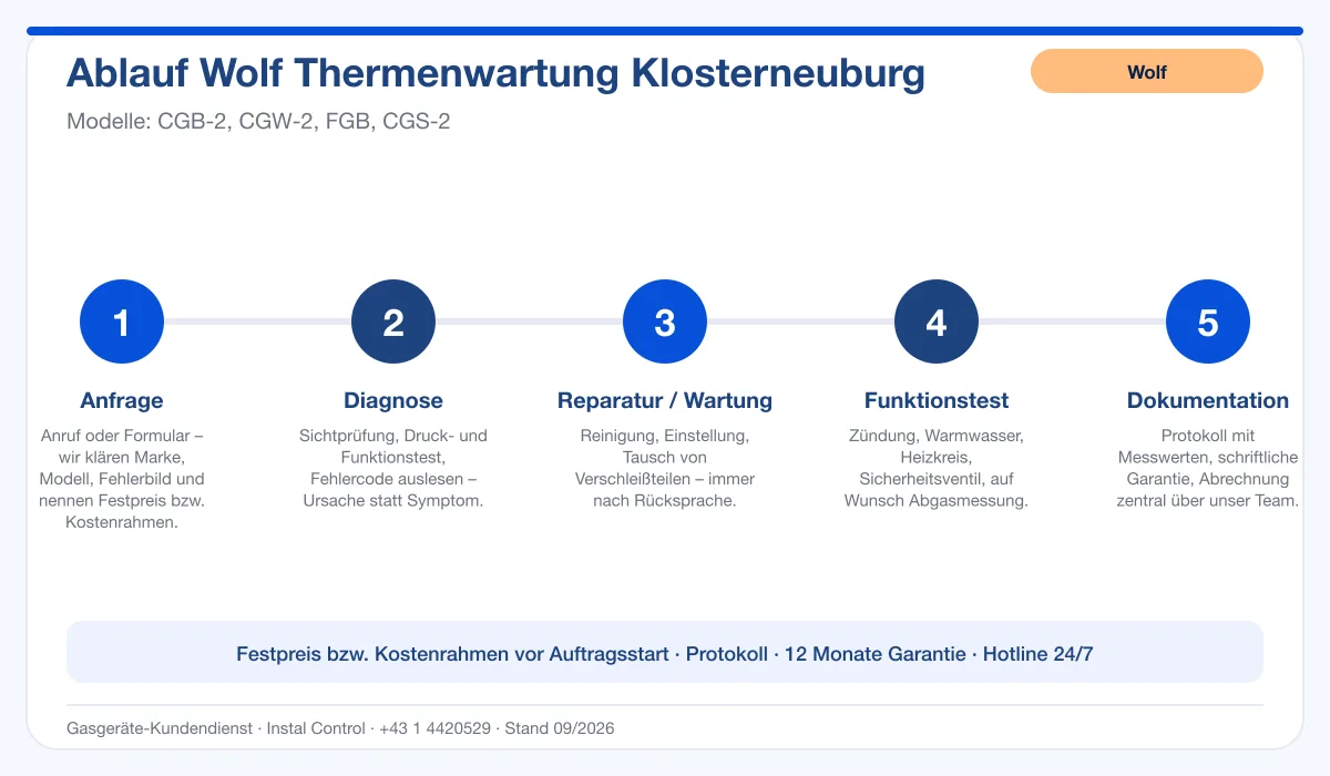 Infografik Ablauf Wolf Thermenwartung Klosterneuburg: Anfrage, Diagnose, Service, Funktionstest, Protokoll