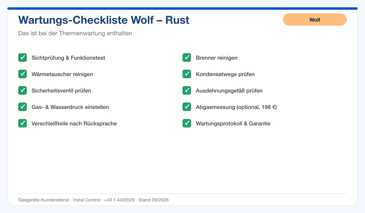 Infografik Wolf Thermenwartung Rust: Wartungs-Checkliste mit 10 enthaltenen Leistungen